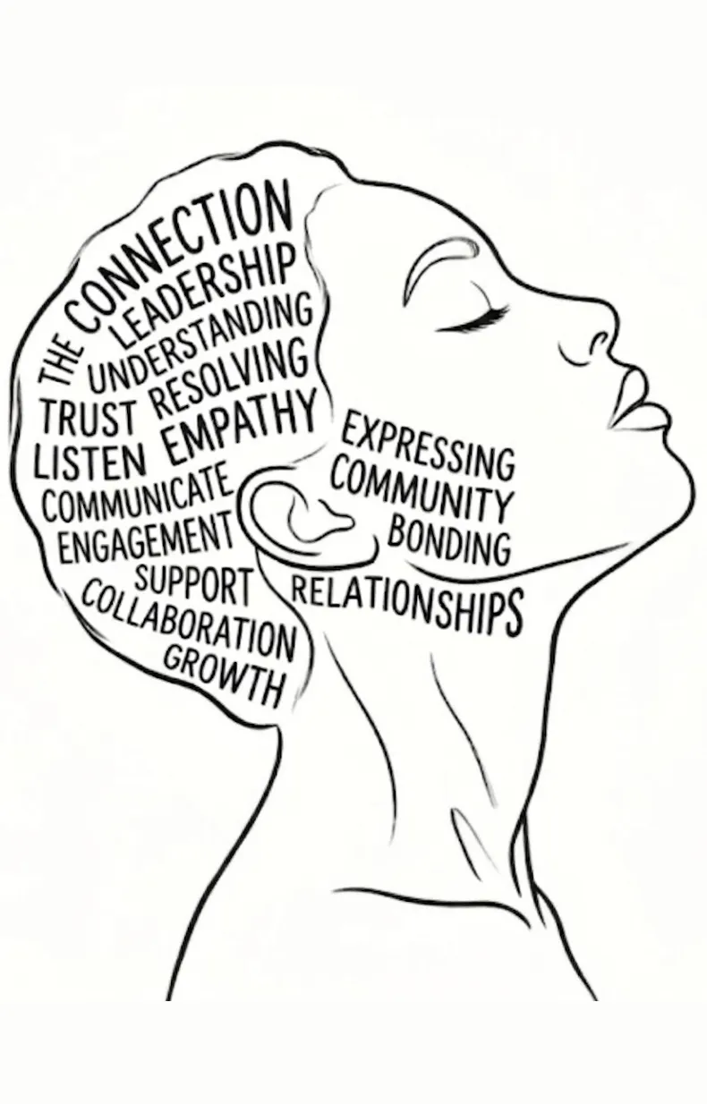 Line-drawn head filled with words about connection